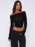 Women Sexy Off Shoulder Mesh Long Sleeve Top Solid Color Sheer Slim Fit Crop Top T-Shirt For Streetwear Club Party Lady