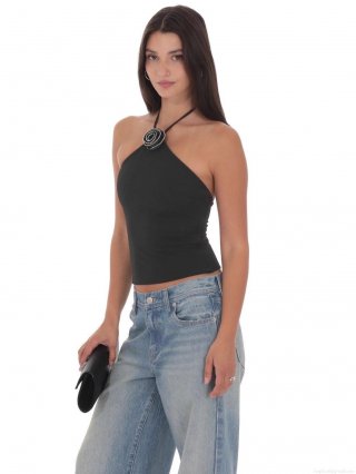 Women's Sexy Halter Neck Top With 3D Flower Decoration Backless Slim Fit Polyester Elastane Milk Silk Vest Summer Party Streetwear Casual Shirt