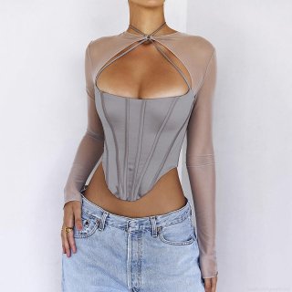Women Sexy Grey Mesh Patchwork T-Shirt Long Sleeve V Neck Sheer Corset Top With Halter Tie Up Backless Irregular Hem Streetwear For Party Club