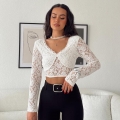 Women's Sexy V Neck Lace Long Sleeve Crop Top Slim Fit Sheer Floral Backless Mesh T-Shirt Clubwear Streetwear Elegant White Black Party Top