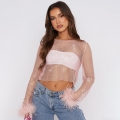 Women's Sexy Mesh Rhinestone T-Shirt Perspective Long Sleeve Crop Top With Feather Cuffs For Party Nightclub Streetwear Fashion
