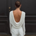 Sexy Backless Cowl Neck T-Shirt For Women Long Sleeve Milk Silk Pleated Slim Fit Top Elegant Draped Open Back Solid Color Blouse Party Dating Streetwear Female Clothing