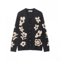 Women's Vintage Floral Jacquard V-Neck Knit Cardigan 100% Polyester Button Up Long Sleeve Loose Casual Sweater Outerwear Coat