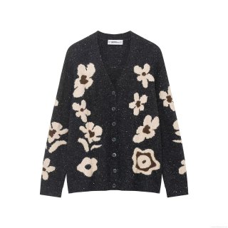Women's Vintage Floral Jacquard V-Neck Knit Cardigan 100% Polyester Button Up Long Sleeve Loose Casual Sweater Outerwear Coat
