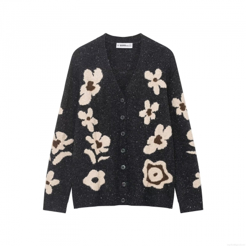 Women's Vintage Floral Jacquard V-Neck Knit Cardigan 100% Polyester Button Up Long Sleeve Loose Casual Sweater Outerwear Coat
