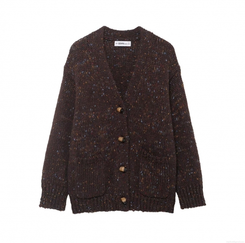 Women's V-Neck Knitted Cardigan Vintage Variegated Specks 100% Polyester Loose Long Sleeve Sweater Jacket With Patch Pockets Casual Button Down Knitwear Outerwear