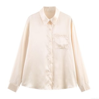 Women's Elegant Satin Button Down Long Sleeve Shirt Commuter Style Solid Color Blouse With Chest Pocket For Office Lady