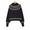 Women's Retro Fair Isle Jacquard Knit Sweater Round Neck Long Sleeve Loose Casual Pullover Warm Winter Tops
