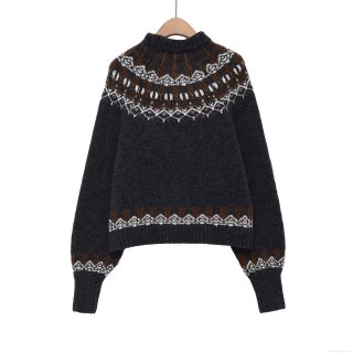 Women's Retro Fair Isle Jacquard Knit Sweater Round Neck Long Sleeve Loose Casual Pullover Warm Winter Tops