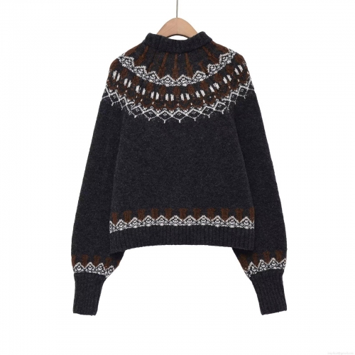 Women's Retro Fair Isle Jacquard Knit Sweater Round Neck Long Sleeve Loose Casual Pullover Warm Winter Tops
