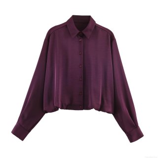 Women's Elegant Satin Blouse Loose Balloon Hem Long Sleeve Button Down Shirt Casual Office Work Tops Fuschia