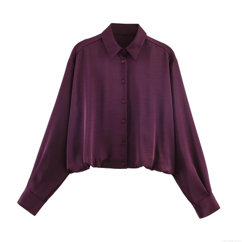 Women's Elegant Satin Blouse Loose Balloon Hem Long Sleeve Button Down Shirt Casual Office Work Tops Fuschia