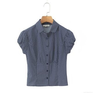 Women's Sweet Polka Dot Puff Sleeve Blouse Short Sleeve Button Up Shirt Cotton Blend Slim Fit Top For Summer Casual Daily Wear