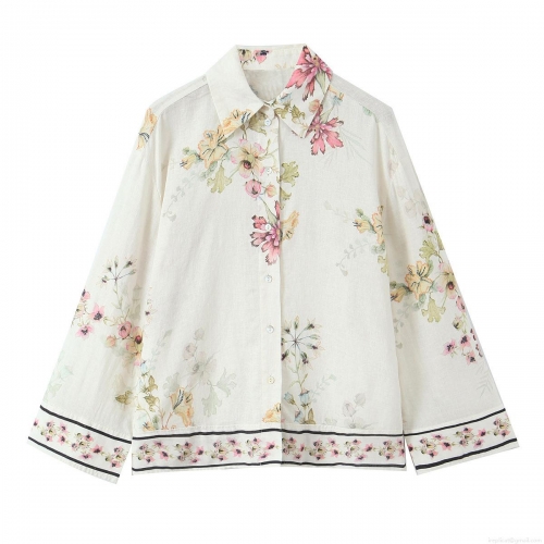 Women's French Style Floral Long Sleeve Blouse Linen Feel Polyester Shirt With Contrast Border Trim Lapel Collar Button Down Casual Top For Women Spring Summer Daily Vacation Outfit Elegant Chic Design
