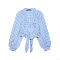Women Sweet Light Blue Gingham Long Sleeve Shirt With Ruffled V-Neck Tie Front Hem Lantern Sleeve Polyester Plaid Top For Daily Casual Dating Spring