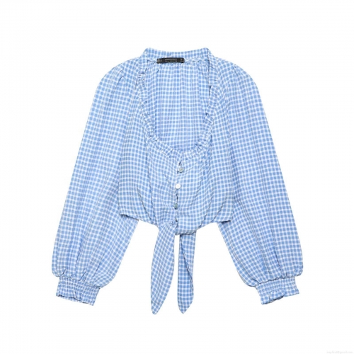Women Sweet Light Blue Gingham Long Sleeve Shirt With Ruffled V-Neck Tie Front Hem Lantern Sleeve Polyester Plaid Top For Daily Casual Dating Spring