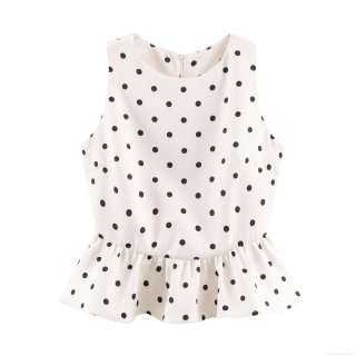 Women's Polka Dot Peplum Top Sleeveless Polyester Round Neck Back Zipper Vest Elegant Summer Slim Fit Party Casual Sleeveless Shirt