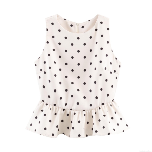 Women's Polka Dot Peplum Top Sleeveless Polyester Round Neck Back Zipper Vest Elegant Summer Slim Fit Party Casual Sleeveless Shirt