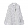 Women's Long Sleeve Striped Blouse With Tie Neck Scarf Collar Loose Fit Poplin Shirt Casual Office Commute Tops For Ladies Elegant Vertical Stripe Clothing