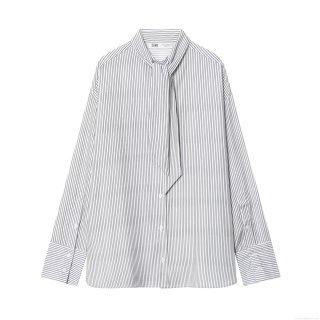 Women's Long Sleeve Striped Blouse With Tie Neck Scarf Collar Loose Fit Poplin Shirt Casual Office Commute Tops For Ladies Elegant Vertical Stripe Clothing