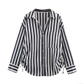 Women's Fashion Striped Long Sleeve Blouse Shirt With Side Drawstring Ruched Polyester Single Breasted Turn-down Collar Office Lady Minimalist Top