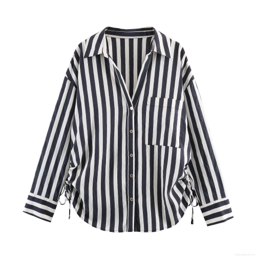 Women's Fashion Striped Long Sleeve Blouse Shirt With Side Drawstring Ruched Polyester Single Breasted Turn-down Collar Office Lady Minimalist Top