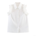 Women's Elegant Sleeveless Blouse Polyester Lapel Collar Ruffle Trim 3D Flower Button Down Solid Color Sweet Shirt For Women