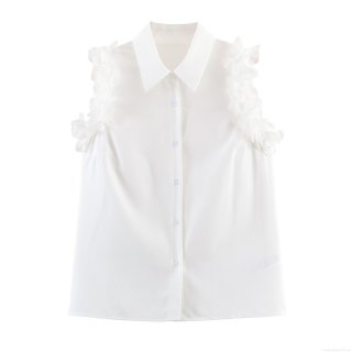 Women's Elegant Sleeveless Blouse Polyester Lapel Collar Ruffle Trim 3D Flower Button Down Solid Color Sweet Shirt For Women