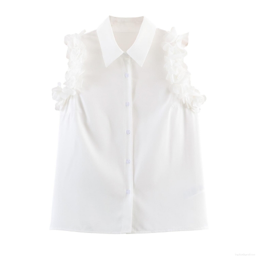 Women's Elegant Sleeveless Blouse Polyester Lapel Collar Ruffle Trim 3D Flower Button Down Solid Color Sweet Shirt For Women