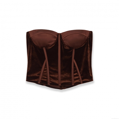 French Luxury Velvet Satin Patchwork Fishbone Corset Top Sexy Strapless Bustier Crop Top Sleeveless Waist Cincher Vest For Women Party Clubwear