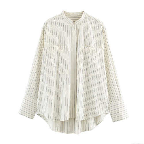 Women's Casual Striped Shirt Loose Polyester Mandarin Collar Long Sleeve Top With Front Pockets High-Low Hem Minimalist Style Blouse For Women Daily Wear