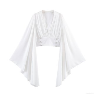 Elegant French Women V Neck Cropped Blouse Flare Long Sleeve Top With Pearl Button Decoration Pleated Chiffon Texture Polyester Shirt For Daily Dating