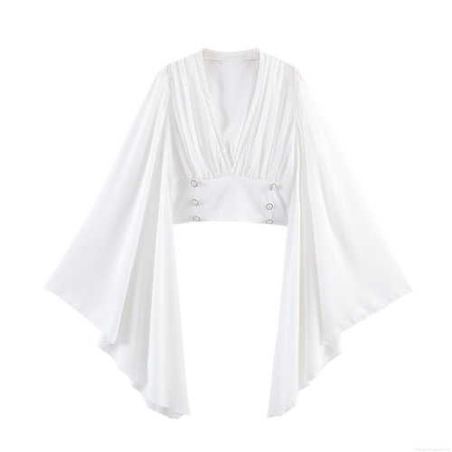 Elegant French Women V Neck Cropped Blouse Flare Long Sleeve Top With Pearl Button Decoration Pleated Chiffon Texture Polyester Shirt For Daily Dating