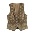 Women's Ethnic Embroidery Vest V-Neck Sleeveless Waistcoat With Hollow Buttons Paisley Geometric Pattern Retro Boho Style Waistcoat Top For Women