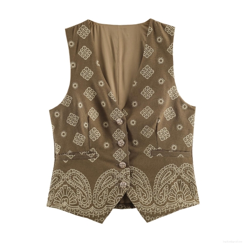 Women's Ethnic Embroidery Vest V-Neck Sleeveless Waistcoat With Hollow Buttons Paisley Geometric Pattern Retro Boho Style Waistcoat Top For Women