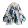 Women's Tie-Neck Tie-Dye Chiffon Blouse Elegant Watercolor Printed Long Sleeve Lantern Sleeve Loose Shirt Sweet Tops for Women