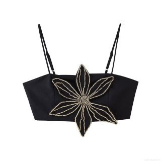 Women's Sexy Black Single Strap Camisole Top Polyester Fabric Large Gold Beaded Flower Decoration Summer Party Club Hot Girl Crop Top