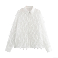 Women's Elegant White Blouse Long Sleeve Lapel Collar Textured Fringe Tassel Design Solid Color Loose Fit Button Down Shirt For Office Party Ladies Tops