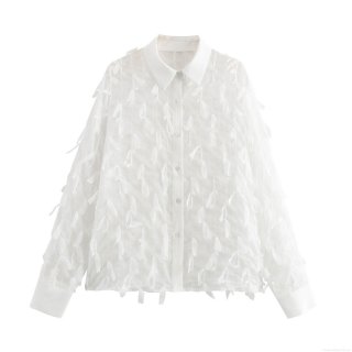 Women's Elegant White Blouse Long Sleeve Lapel Collar Textured Fringe Tassel Design Solid Color Loose Fit Button Down Shirt For Office Party Ladies Tops