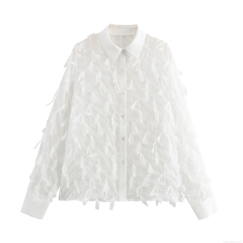 Women's Elegant White Blouse Long Sleeve Lapel Collar Textured Fringe Tassel Design Solid Color Loose Fit Button Down Shirt For Office Party Ladies Tops