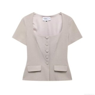 Women's Elegant Retro Square Neck Short Sleeve Blouse Slim Fit Single Breasted Polyester Top Summer Casual Office Lady Party Short Shirt