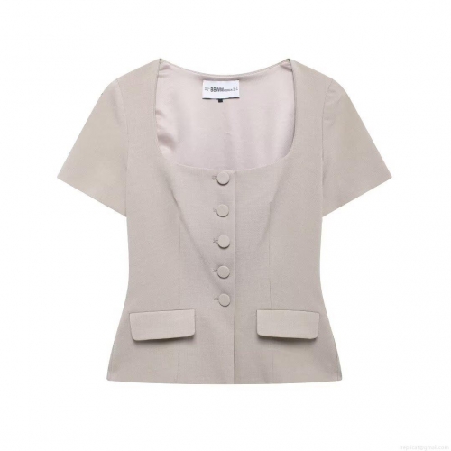 Women's Elegant Retro Square Neck Short Sleeve Blouse Slim Fit Single Breasted Polyester Top Summer Casual Office Lady Party Short Shirt