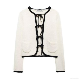 Women's Contrast Trim Knit Cardigan Bow Tie Front Elegant Long Sleeve Sweater Short Jacket Outerwear For Women Autumn Casual Tops