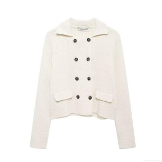 Women's Elegant Knitted Cardigan Double Breasted Lapel Collar Long Sleeve Solid Color Warm Sweater Jacket Coat For Women