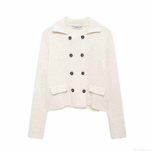 Women's Elegant Knitted Cardigan Double Breasted Lapel Collar Long Sleeve Solid Color Warm Sweater Jacket Coat For Women