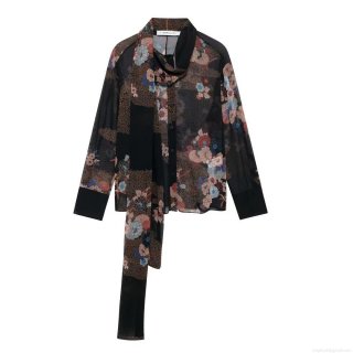 Women's Vintage Floral Print Chiffon Blouse Elegant Long Sleeve Scarf Tie Neck Loose Fit Shirt Breathable Pullover Top For Daily Date Autumn Casual