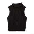 Women's Retro High Neck Cable Knit Sweater Vest Thick 100% Polyester Sleeveless Pullover Warm Autumn Winter Layering Top