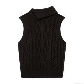 Women's Retro High Neck Cable Knit Sweater Vest Thick 100% Polyester Sleeveless Pullover Warm Autumn Winter Layering Top