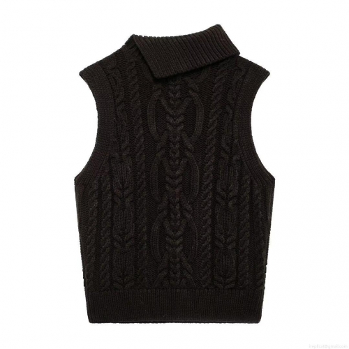 Women's Retro High Neck Cable Knit Sweater Vest Thick 100% Polyester Sleeveless Pullover Warm Autumn Winter Layering Top