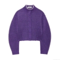 Women Purple Knitted Cardigan Sweater 100% Polyester Contrast Stitching High Neck Loose Long Sleeve Knitwear For Autumn Winter Daily Wear Casual Lazy Style
